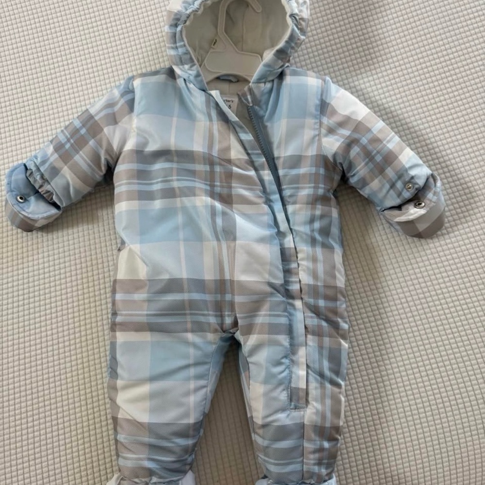 Carter's Light Blue and Gray Plaid Hooded Baby Snowsuit